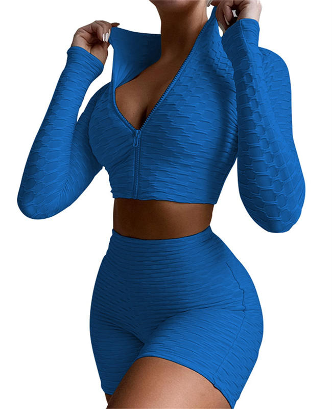 Women 2 Piece Textured Tracksuits Outfits Long Sleeve Zipper Crop Tops Yoga Shorts Set