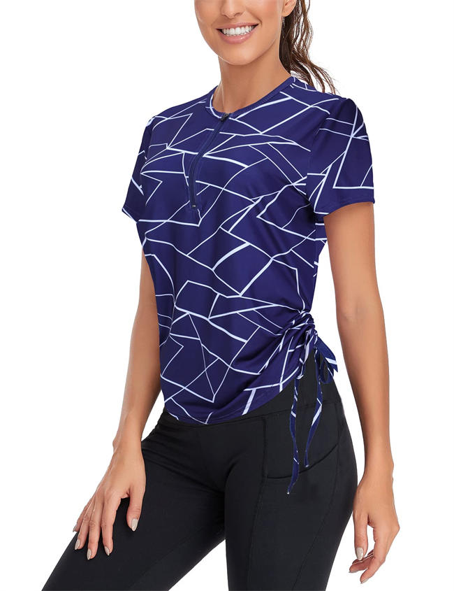 Women Zip Up Short Sleeve Side Drawstring Sports Shirts Quick Dry Workout Golf Running Yoga Top