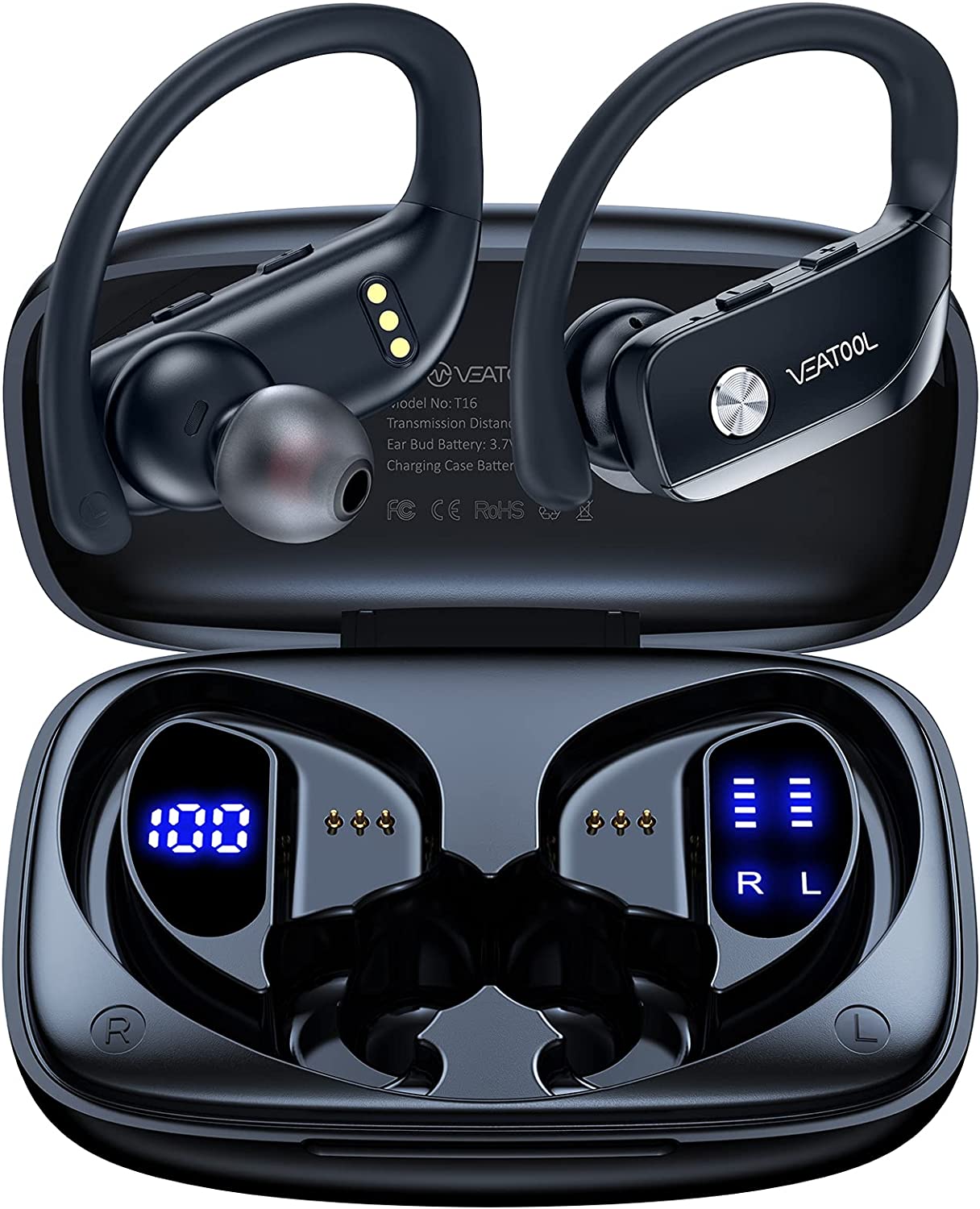 Wireless Earbuds Bluetooth Headphones 48hrs Play Back Sport Earphones with LED Display Over-Ear Buds with Earhooks Built-in Mic Headset for Workout Black BMANI-VEAT00L